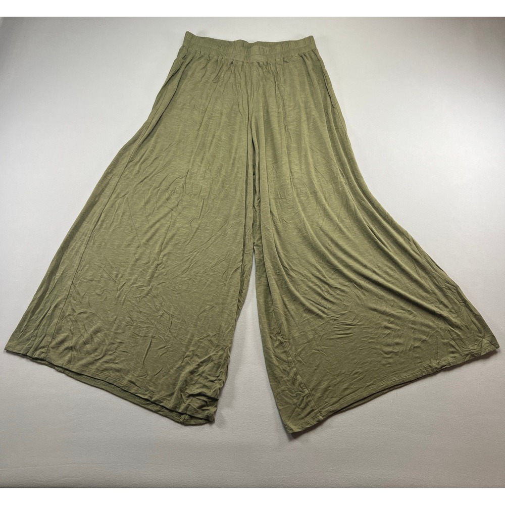 JW Style Palazzo Pants Womens Large Olive Green Stretch High Rise Flowy Wide Leg